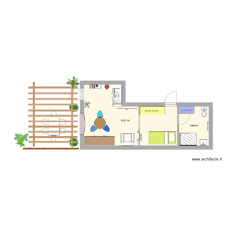 chambre studio. Plan de 2 pièces et 28 m2