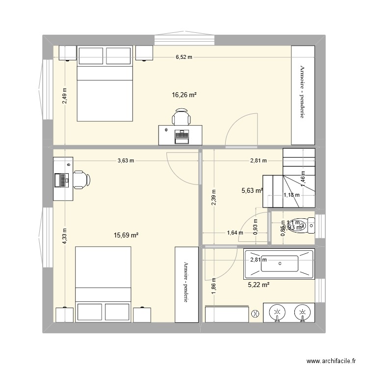 plan étage 2. Plan de 5 pièces et 44 m2