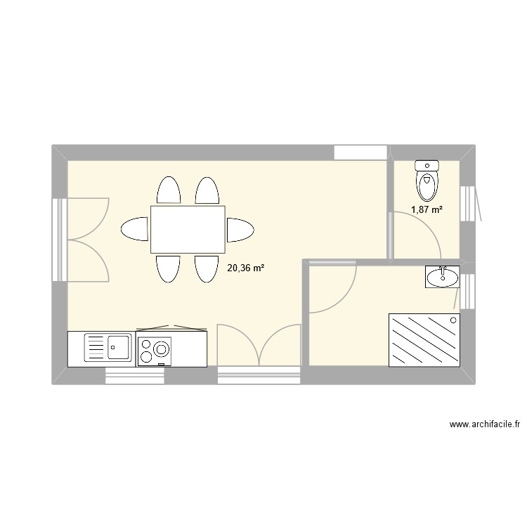 plan cuisine salle de bain p2. Plan de 2 pièces et 22 m2