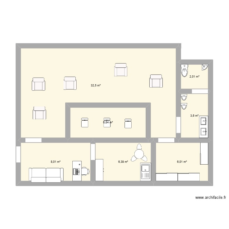 salon de coiffure. Plan de 7 pièces et 65 m2