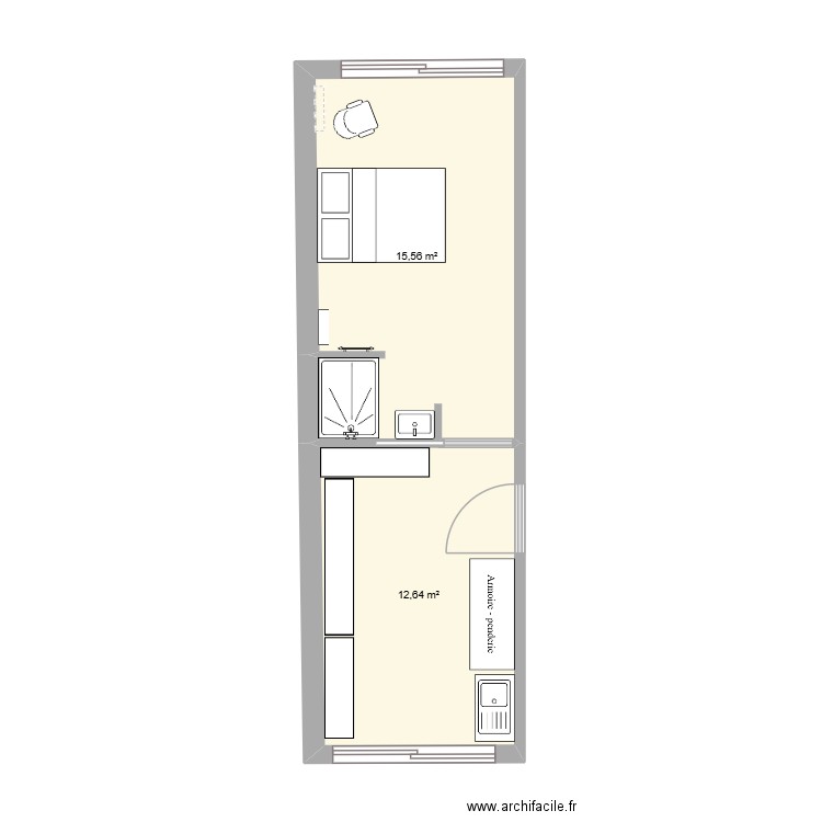 Chambre. Plan de 2 pièces et 28 m2