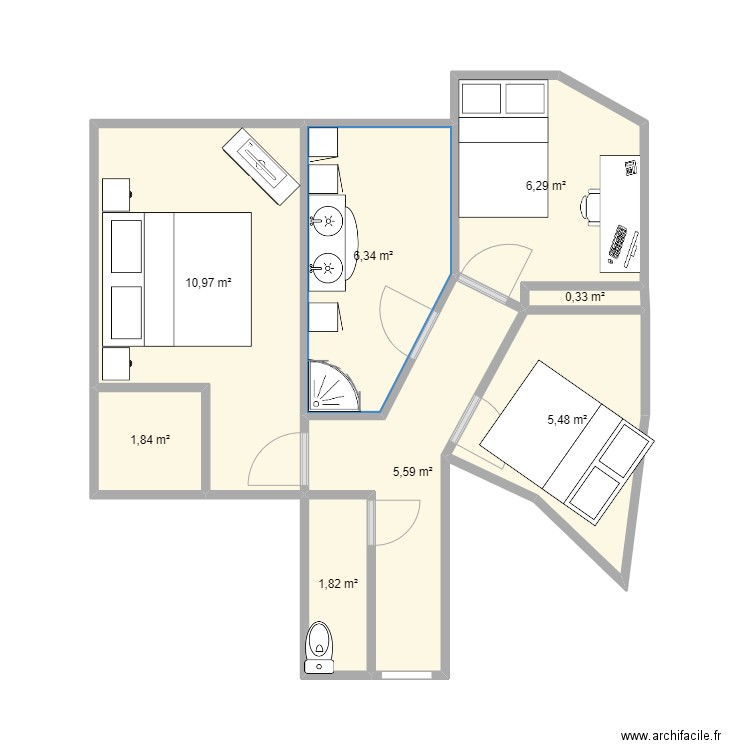 salle de bain. Plan de 8 pièces et 39 m2