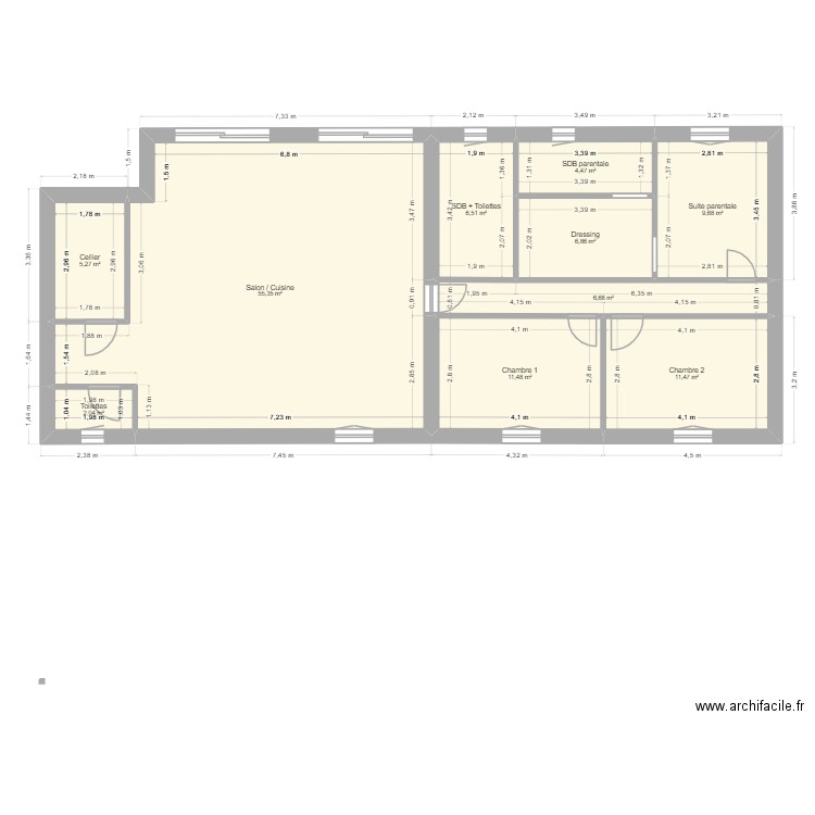 Maison plain pied 120m2 habitable. Plan de 10 pièces et 120 m2