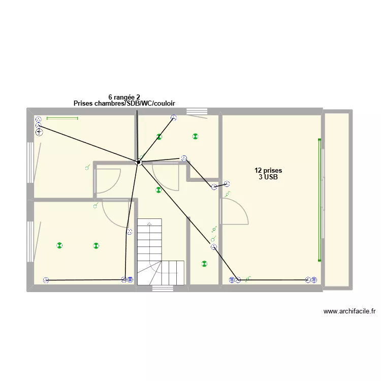 Prises Etage. Plan de 6 pièces et 56 m²