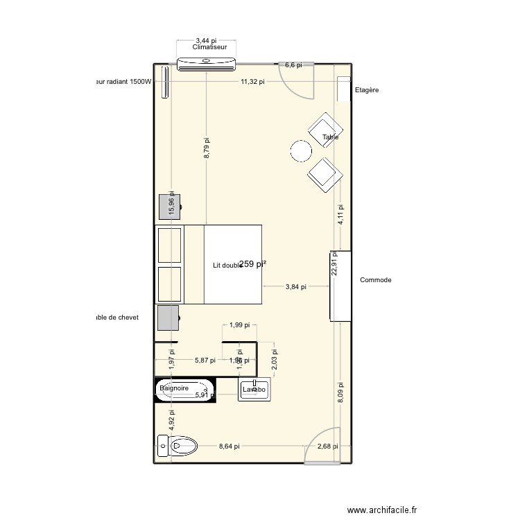 Chambre Jeannine. Plan de 1 pièce et 24 m2