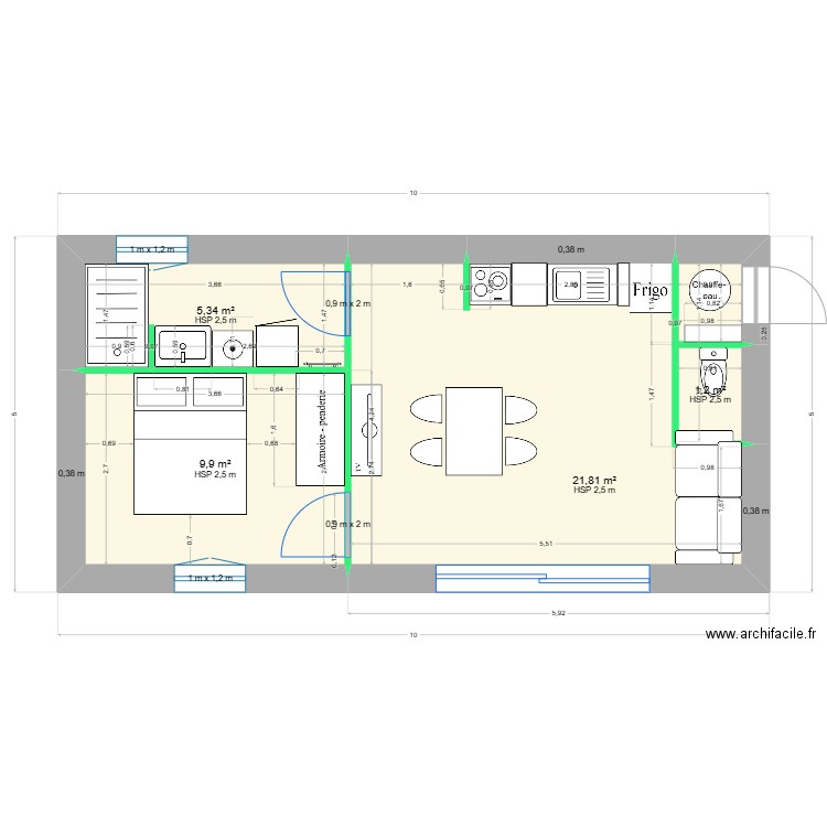 T2 - LA CADIERE - cloison intérieure. Plan de 4 pièces et 38 m2