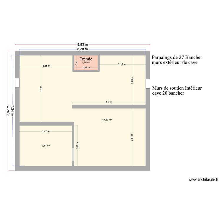 Cave Claude. Plan de 3 pièces et 58 m2