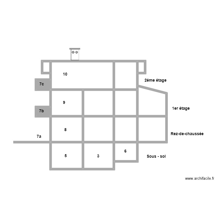 Coupe. Plan de 17 pièces et 53 m2