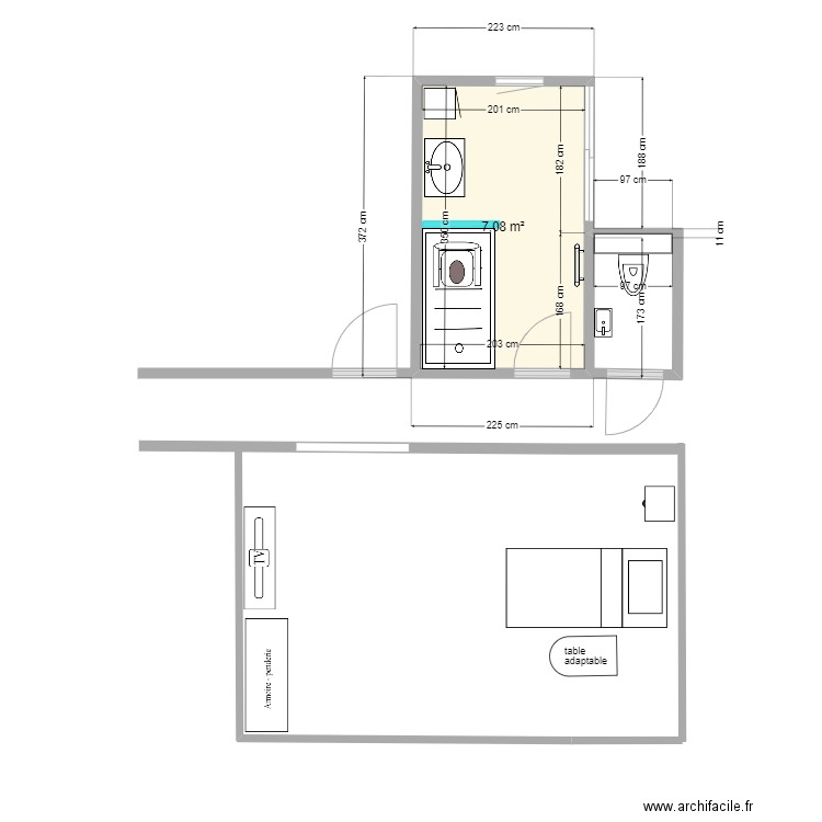 SDB MACK. Armelle. Plan de 1 pièce et 7 m2