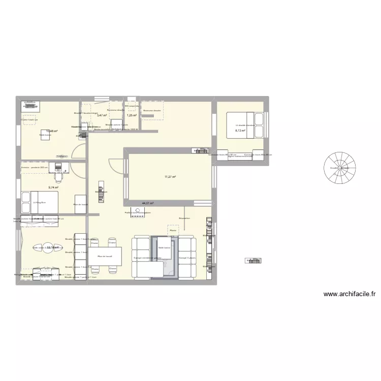 Am&eacute;nagement salon cuisine1. Plan de 8  et 100 m²