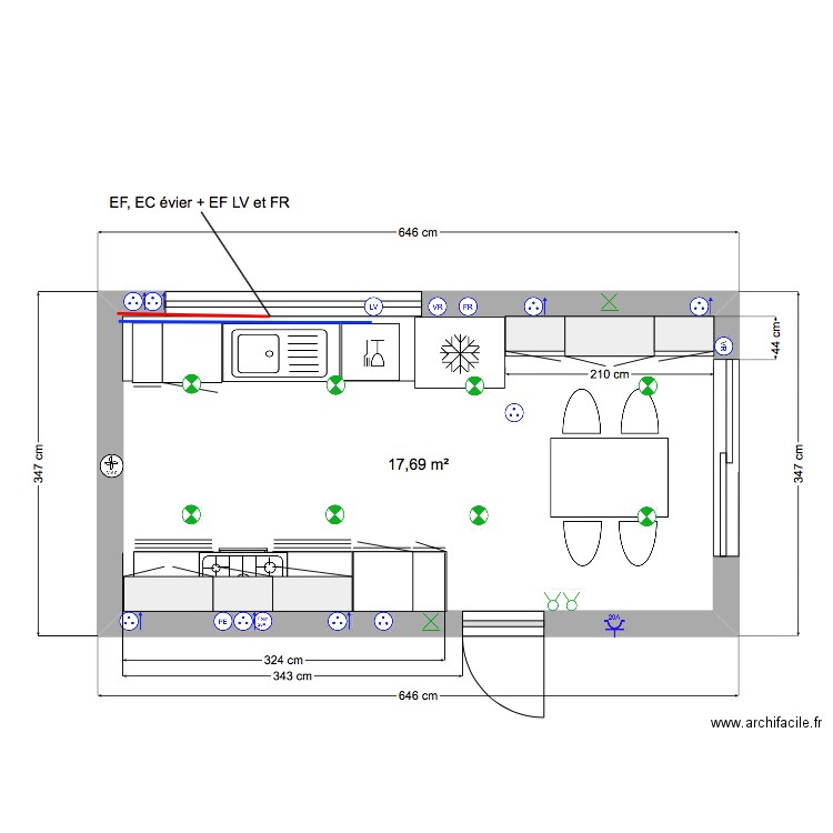 Kitchen Naomi et Papa V2. Plan de 1 pièce et 18 m2