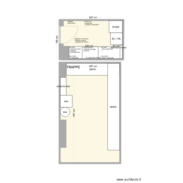 buanderie/garage. Plan de 3 pièces et 21 m2