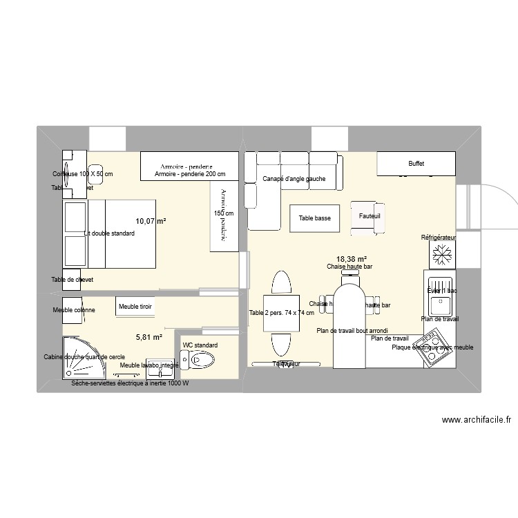 appart rdc fourques version couloir. Plan de 3 pièces et 34 m2