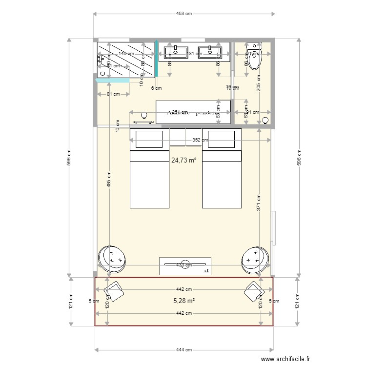 Bungalow con terraza. Plan de 0 pièce et 0 m2