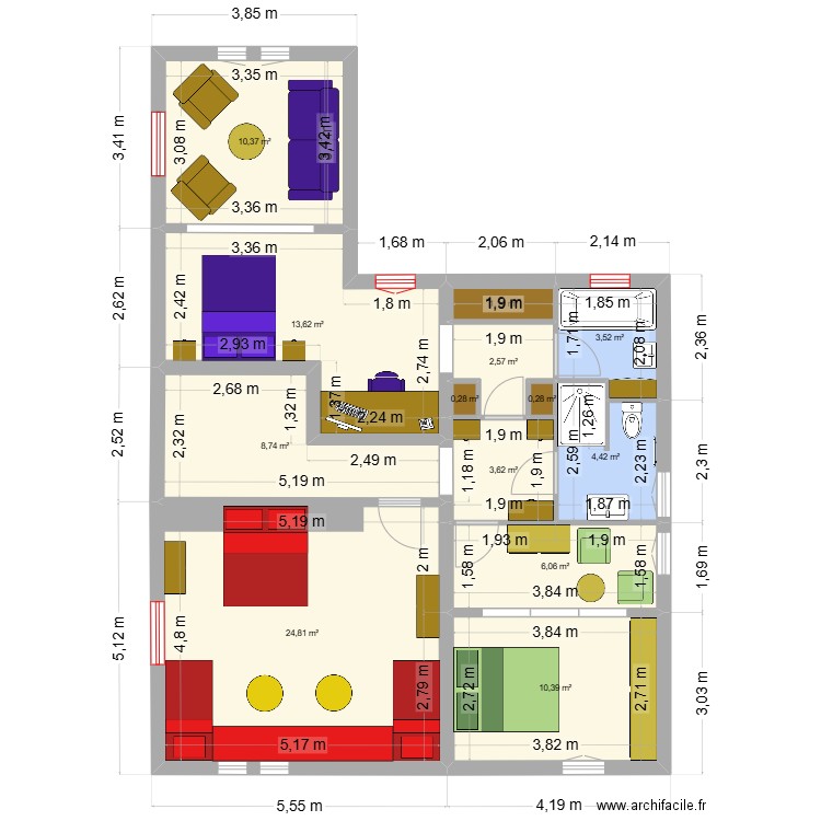 2e etage. Plan de 13 pièces et 90 m2