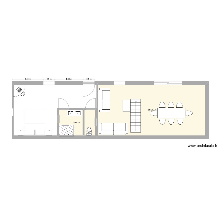 rdj maison. Plan de 2 pièces et 39 m2