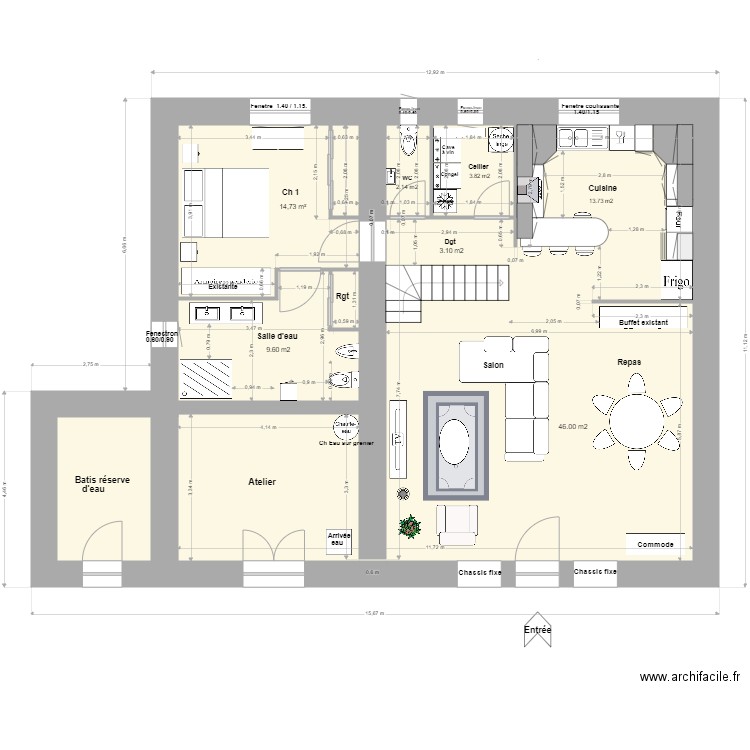 Loft Agrandissement R de C 2. Plan de 3 pièces et 97 m2