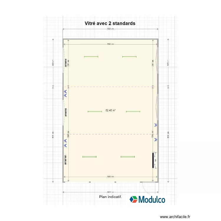 Face vitr&eacute; + 2 modules standard. Plan de 