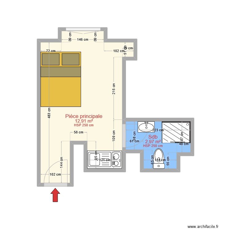 Plan 20 Olivettes porte 22A. Plan de 2 pièces et 16 m2