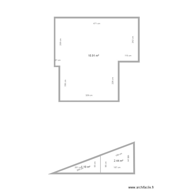 Rouzier plafonds chambre. Plan de 3 pièces et 23 m2