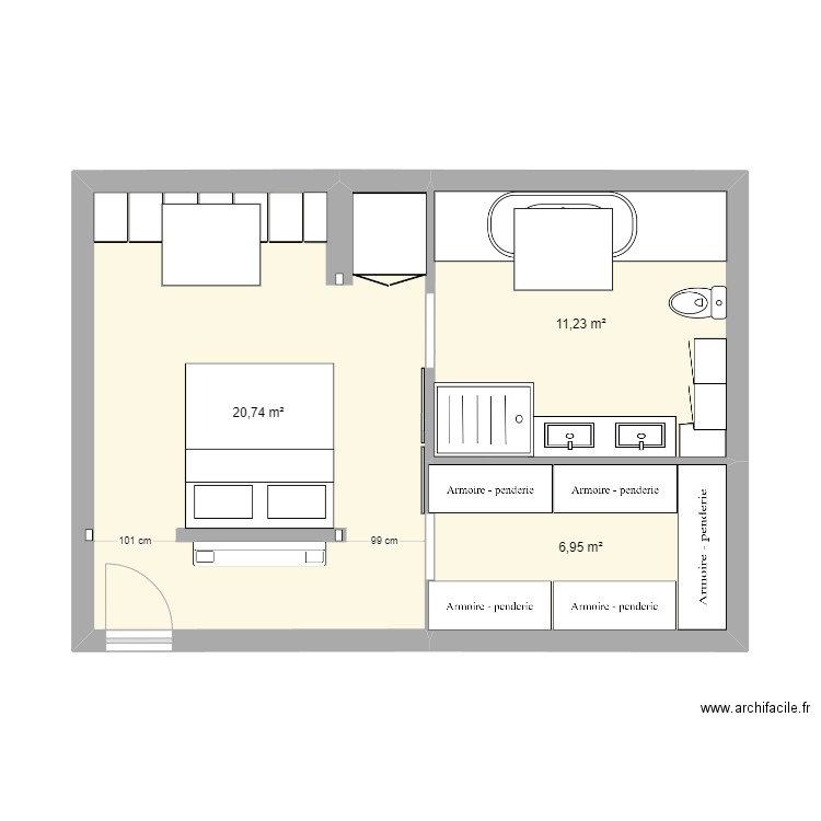 Suite combles. Plan de 3 pièces et 39 m2