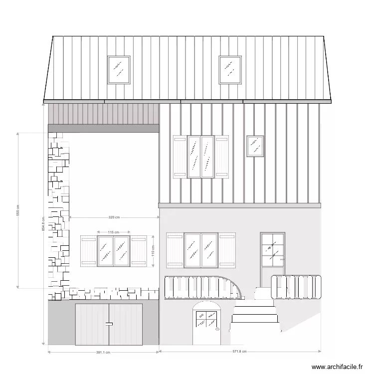 Fa&ccedil;ade cote ma&ccedil;on A. Plan de 