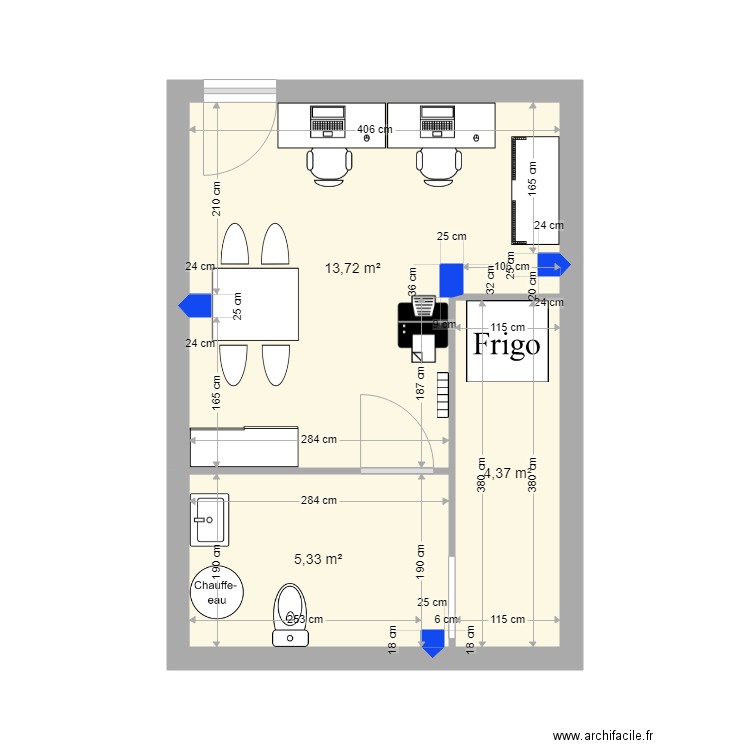 bureau actuel. Plan de 3 pièces et 23 m2