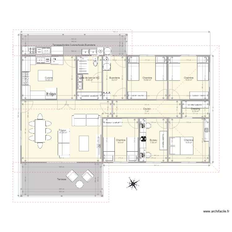 F5 Cuisine ferm&eacute;e Toit 3 Pans Buanderie Int. Plan de 