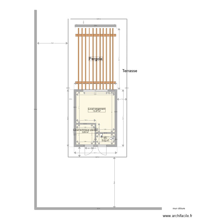 plan local technique avec pergola définitif4. Plan de 3 pièces et 19 m2