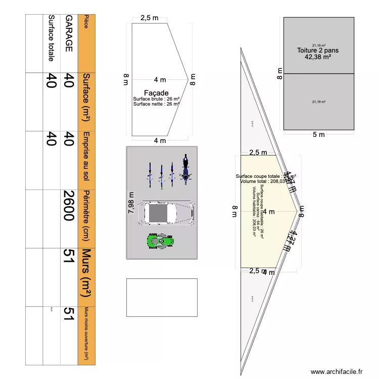 GARAGE. Plan de 1  et 40 m²