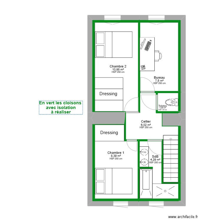 Etage - Projet 1 pour Plaquiste. Plan de 6 pièces et 38 m2