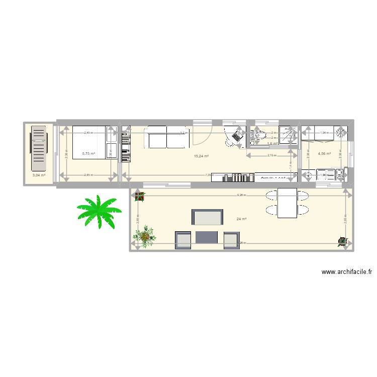 Container 40 feet essai 6. Plan de 6 pièces et 54 m2