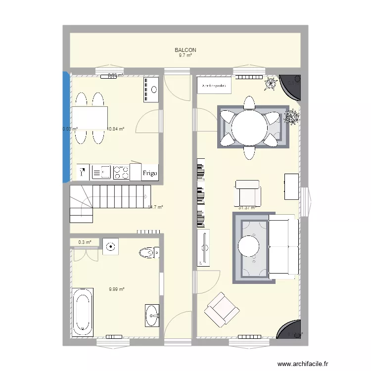 vraies dimensions SDB au fond aire ouverte. Plan de 
