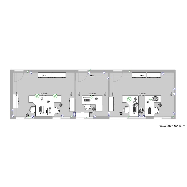 trois bureau. Plan de 3 pièces et 52 m2