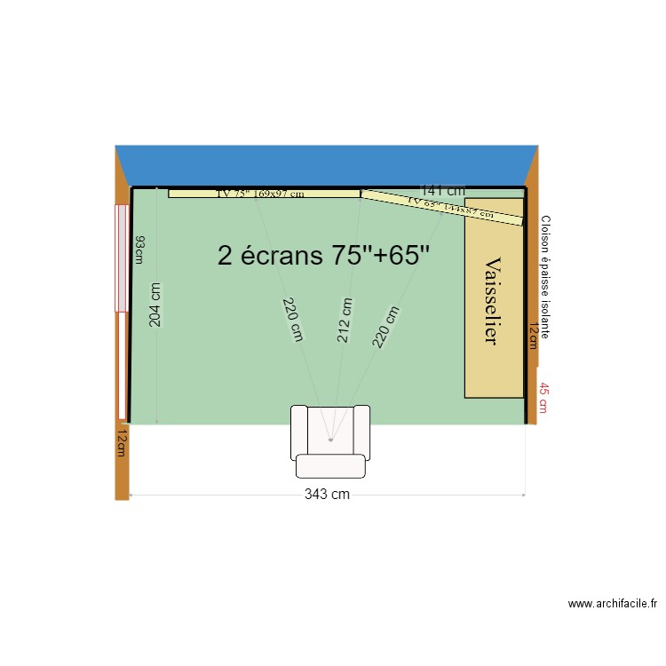 Coin 2TV 75 65. Plan de 1 pièce et 7 m2