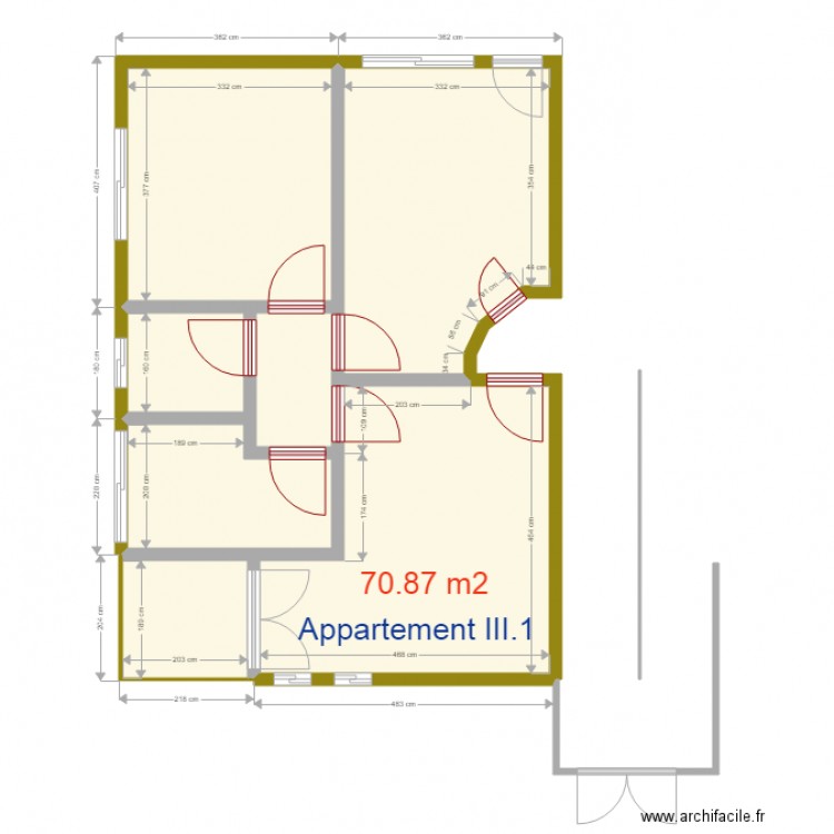 superficie appartement III1. Plan de 7 pièces et 61 m2