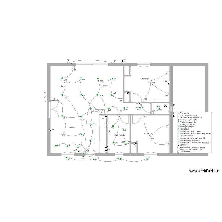 barbe eclairage. Plan de 10 pièces et 113 m2