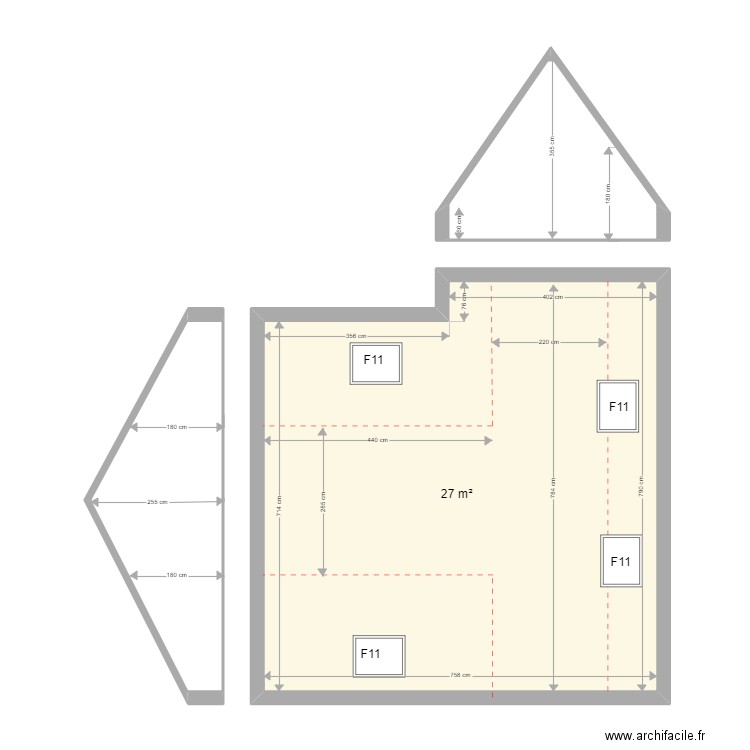 Plan combles Betrand. Plan de 3 pièces et 77 m2