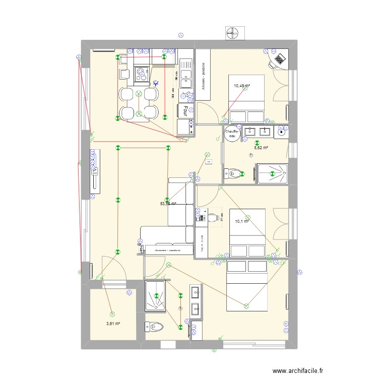 T4 violes. Plan de 5 pièces et 83 m2