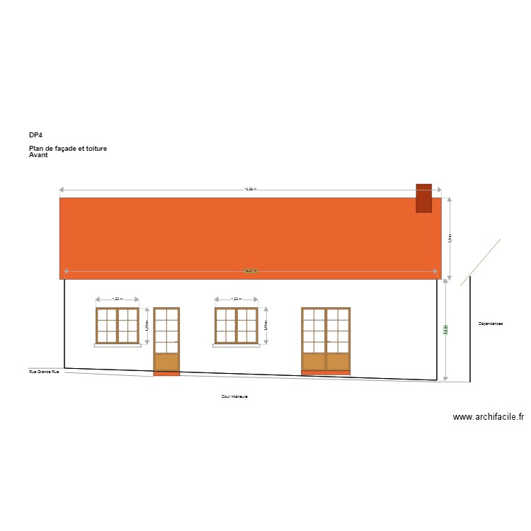 DP4 Plan de façade et toiture. Plan de 1 pièce et 45 m2