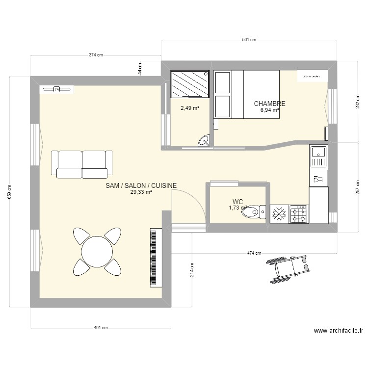 Application archi facile . Plan de 4 pièces et 40 m2