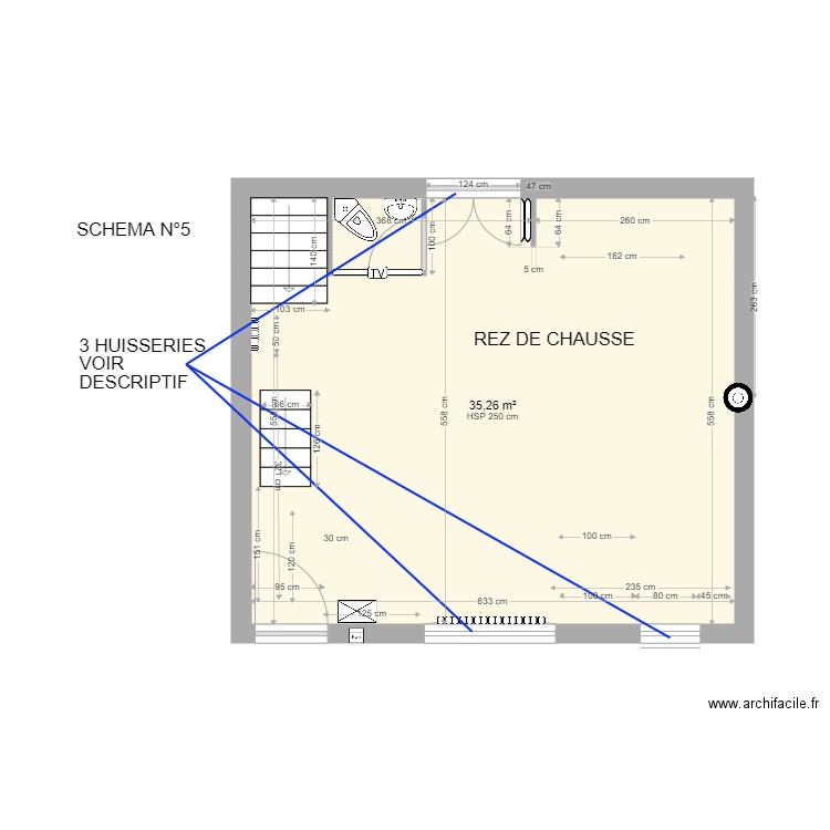 HUISSERIES RdC. Plan de 1 pièce et 35 m2