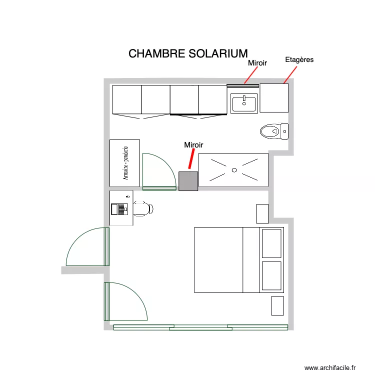 Chambre &eacute;l&eacute;ment cuis sanibroyeur petite douche. Plan de 