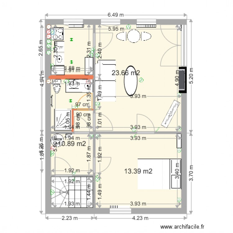 Maison Biâo 2eme étage. Plan de 3 pièces et 48 m2