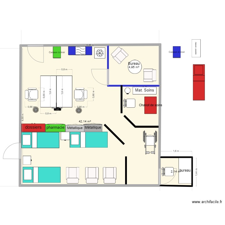 Infirmerie. Plan de 3 pièces et 49 m2
