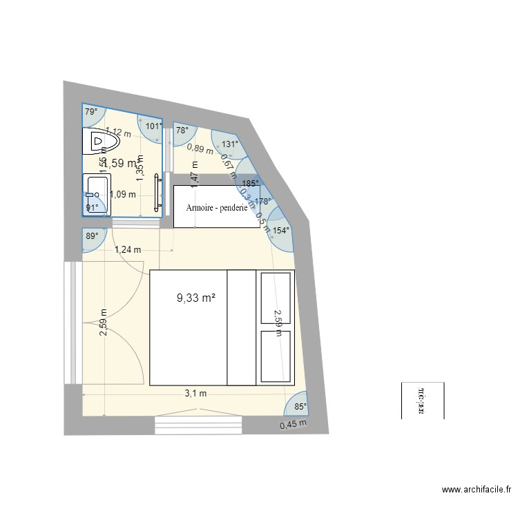 Chambre 10 ré avril 23 sans ext bis. Plan de 2 pièces et 11 m2