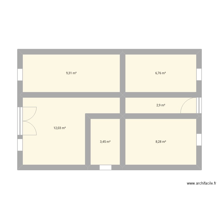 Pente américain. Plan de 6 pièces et 43 m2