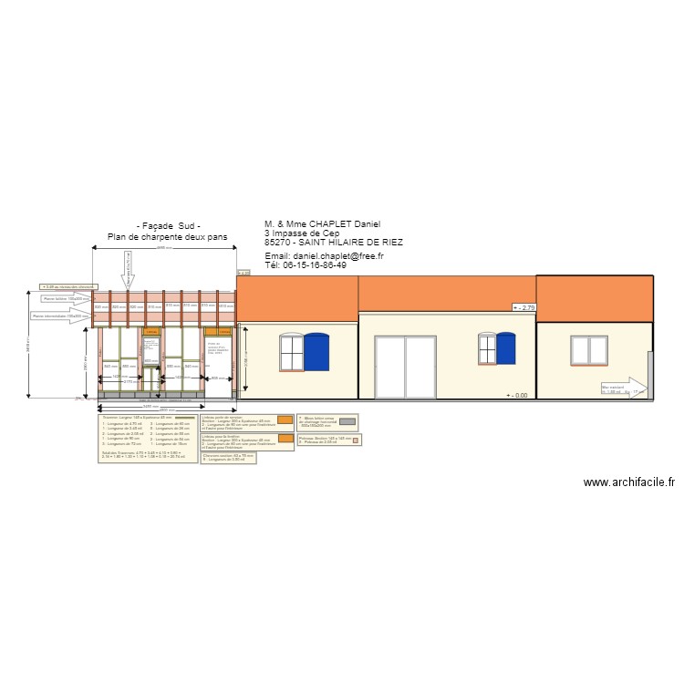 Façade Sud - garage - Poteau 145 x 145 mm. Plan de 4 pièces et 42 m2