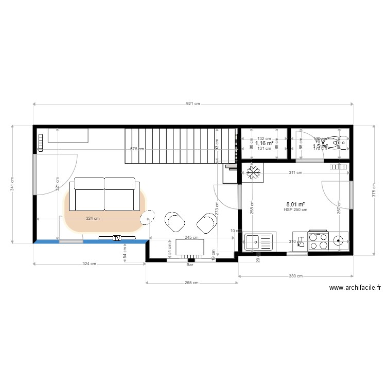 DOMINO rez de jardin. Plan de 3 pièces et 11 m2