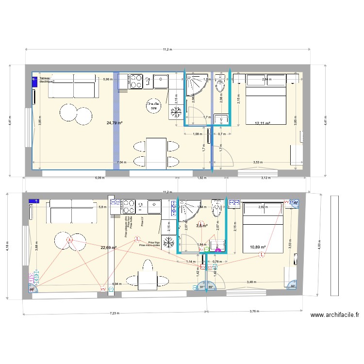 Dépendance Projet DEF dimensions brutes et nettes. Plan de 6 pièces et 78 m2